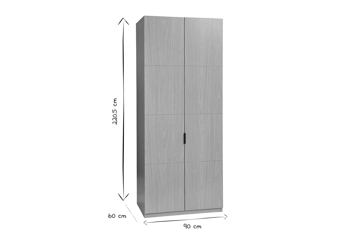 Dimensions armoire dressing GARENCE en noir et blanc : L90 x P60 x H220,5 cm.