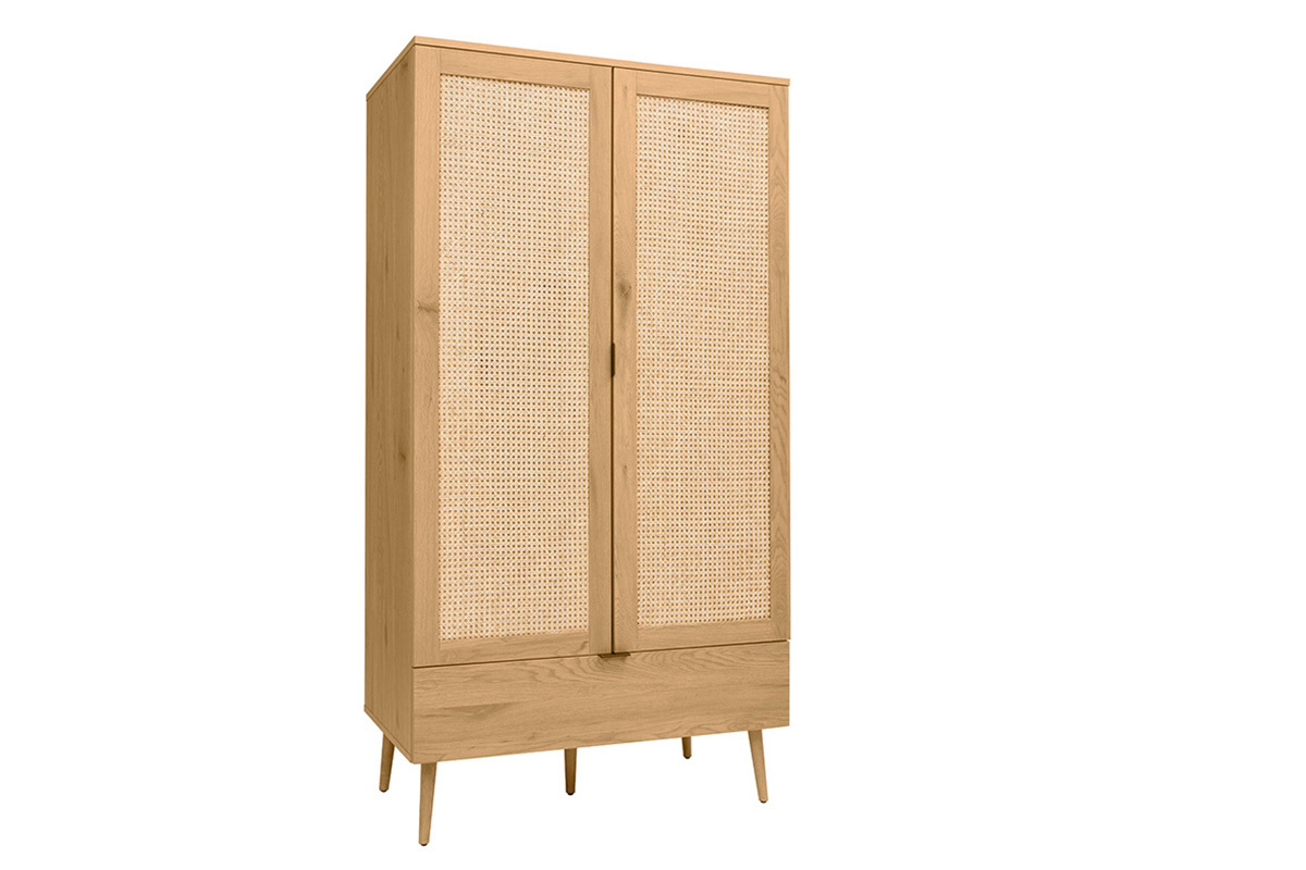 Armoire finition bois clair, cannage en rotin et m�tal noir L100 cm MANILLE