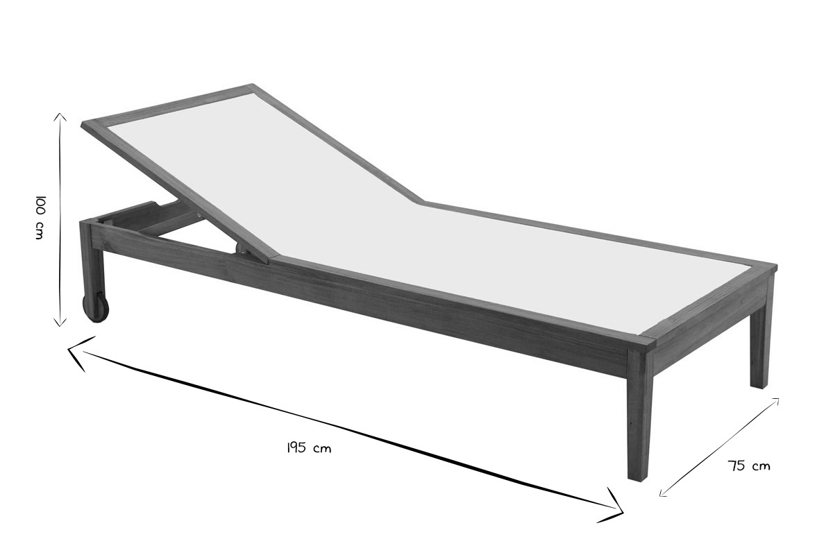 Dimensions d'un bain de soleil en bois et toile, L195 x P75 x H100 cm, en noir et blanc.