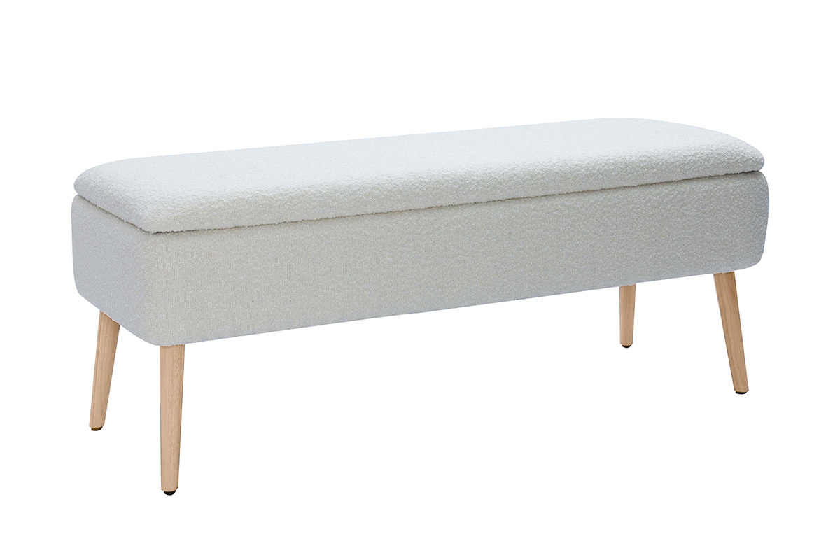 Banc coffre effet laine boucl�e blanc et bois clair massif L120 cm LARS