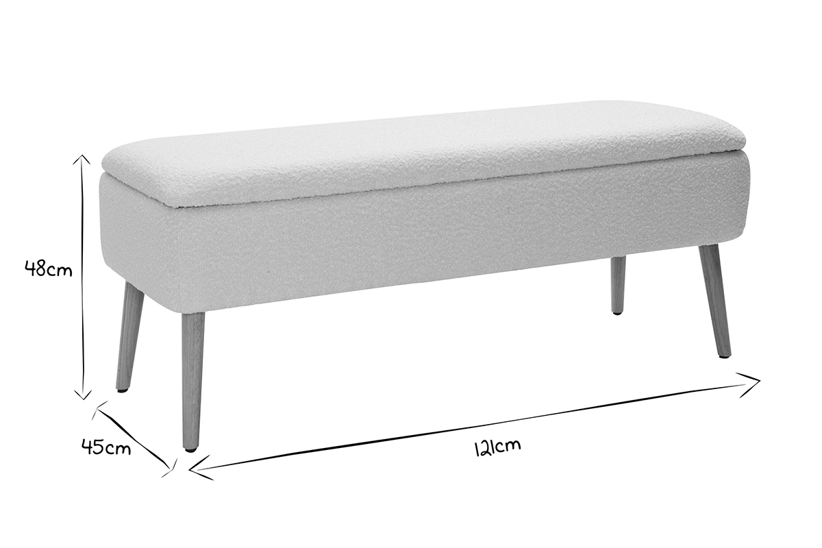 Banc coffre effet laine boucl�e blanc et bois clair massif L120 cm LARS