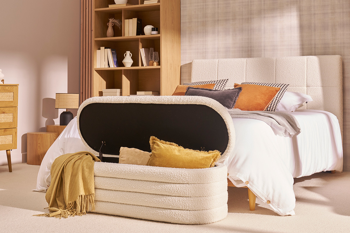 Banc coffre en tissu effet laine boucl�e blanc L125 cm NAVY