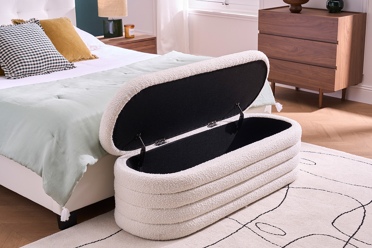 Banc coffre en tissu effet laine boucl�e blanc L125 cm NAVY