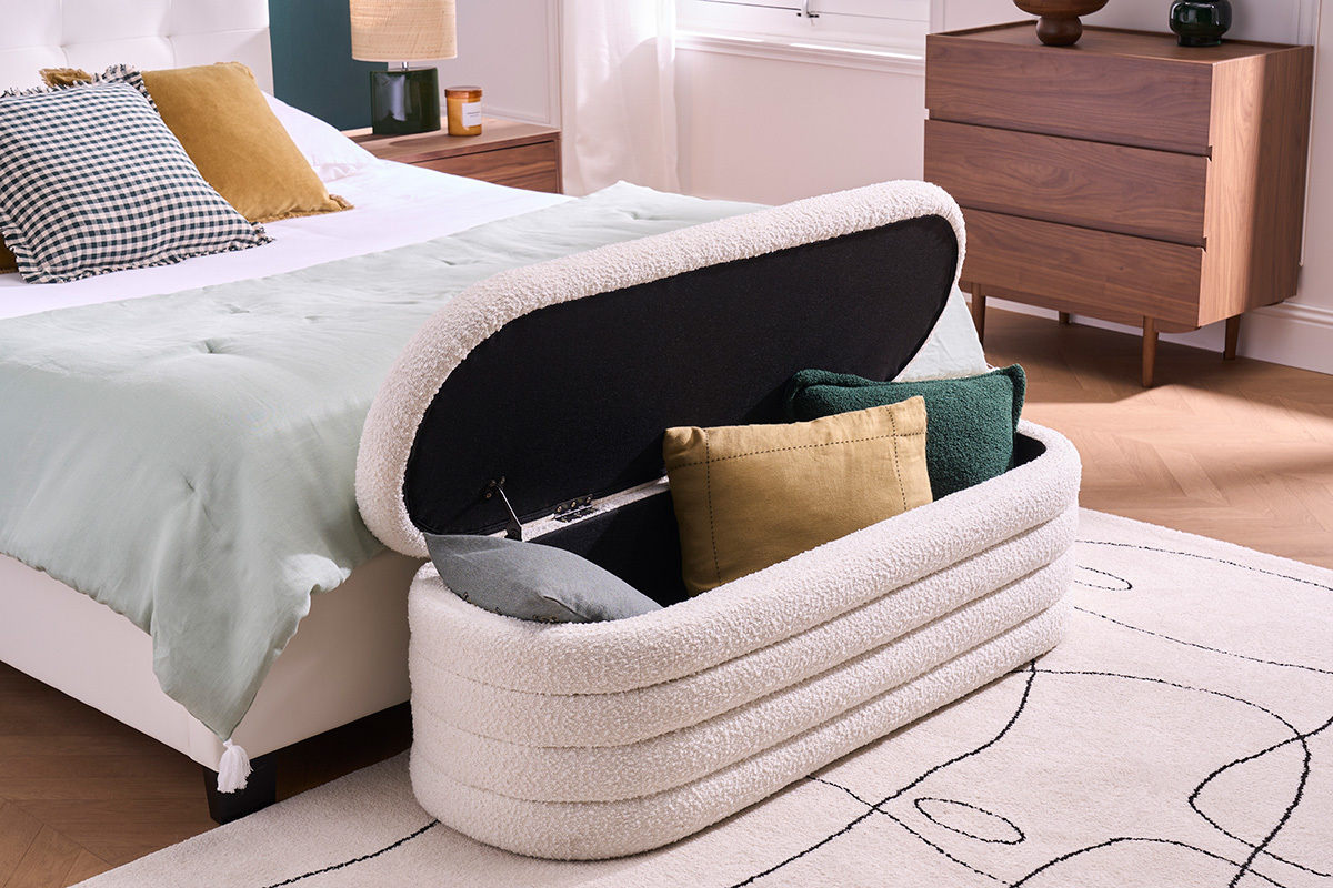Banc coffre en tissu effet laine boucl�e blanc L125 cm NAVY