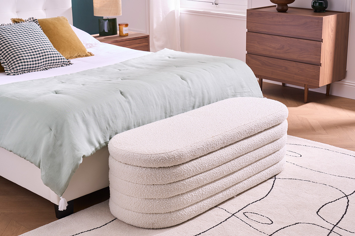Banc coffre en tissu effet laine boucl�e blanc L125 cm NAVY