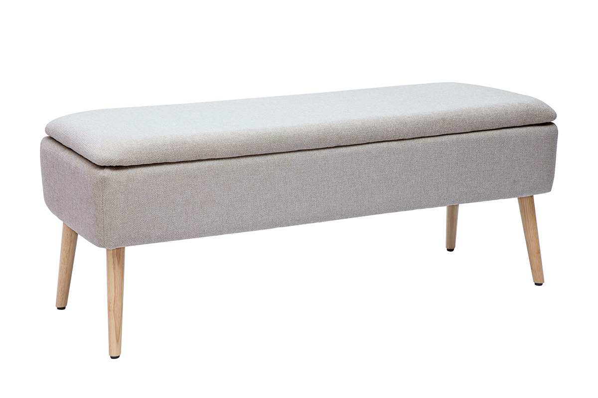Banc coffre en tissu effet velours textur� beige et bois clair massif L120 cm LARS