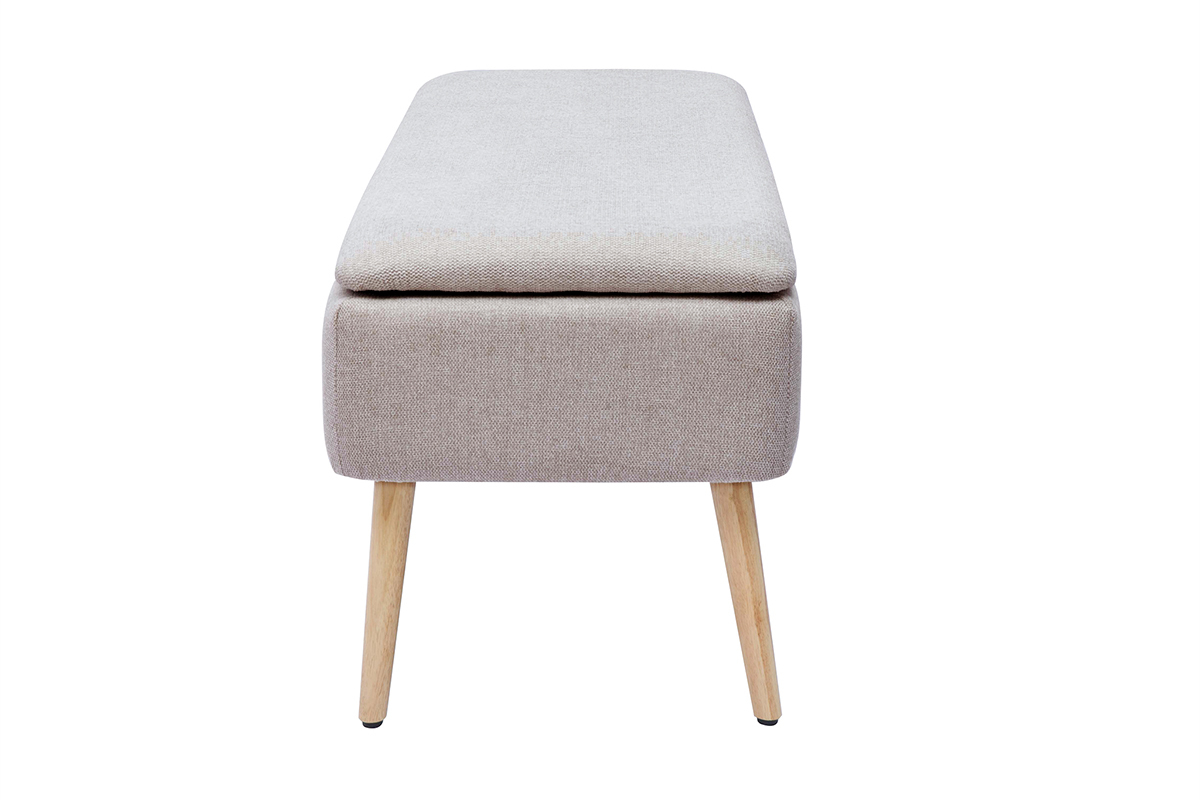 Banc coffre en tissu effet velours textur� beige et bois clair massif L120 cm LARS