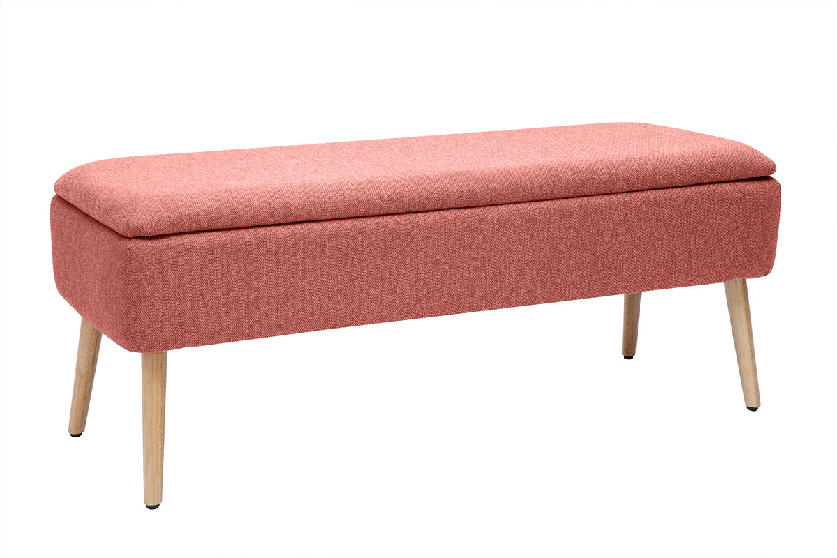 Banc coffre en tissu effet velours textur� terracotta et bois clair massif L120 cm LARS