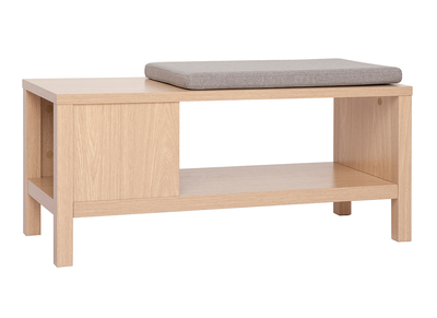 Banc d'entr&eacute;e avec rangement finition bois clair ch&ecirc;ne avec coussin banquette gr&egrave;ge L100 cm GUMBY