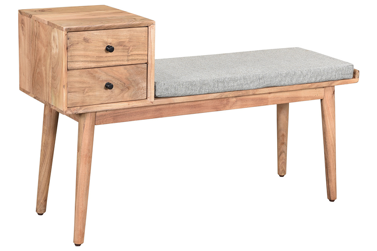 Banc d'entr�e avec rangements 2 tiroirs en bois clair massif L110 cm ALTY