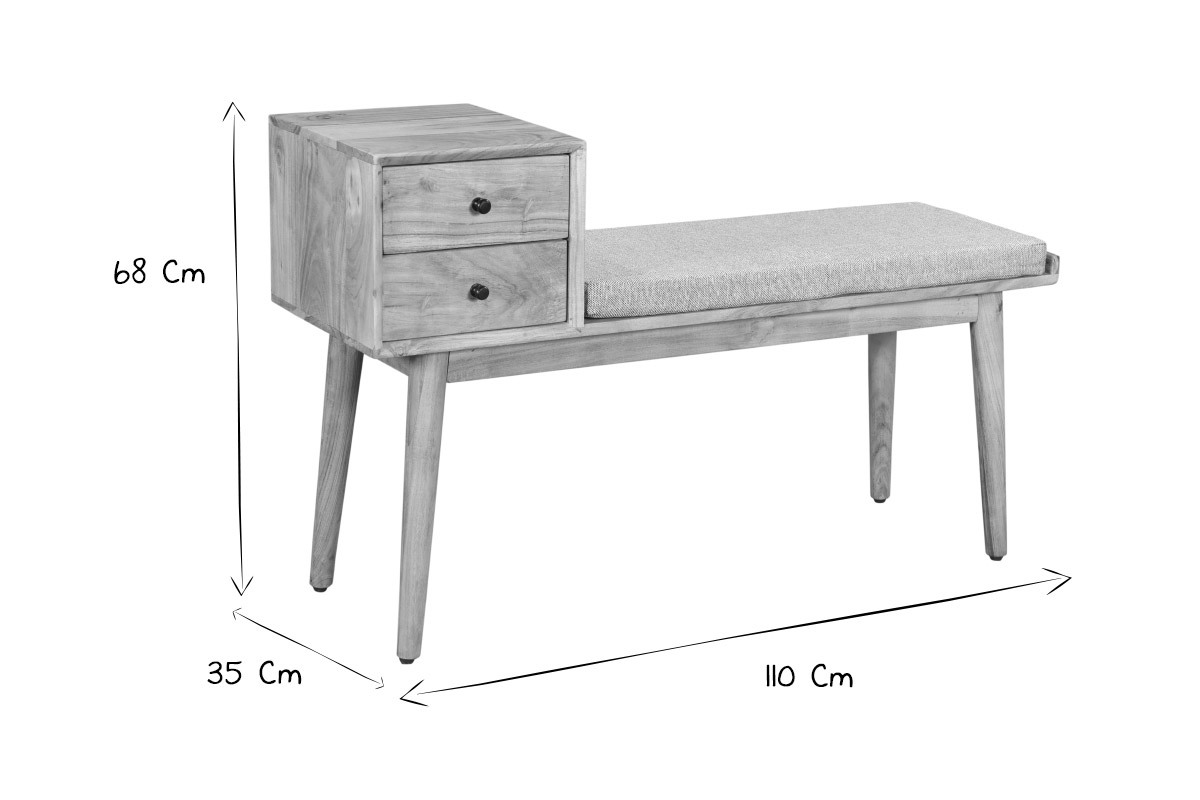 Banc d'entr�e avec rangements 2 tiroirs en bois clair massif L110 cm ALTY