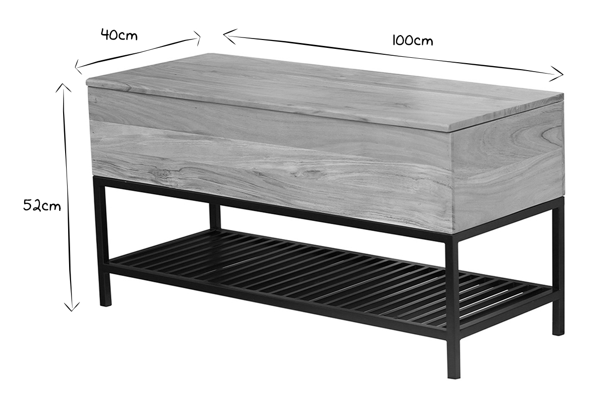 Banc d'entr�e industriel avec coffre de rangement en bois massif et m�tal noir L100 cm SORG