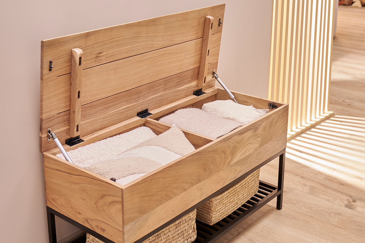 Banc d'entr�e industriel avec coffre de rangement en bois massif et m�tal noir L100 cm SORG