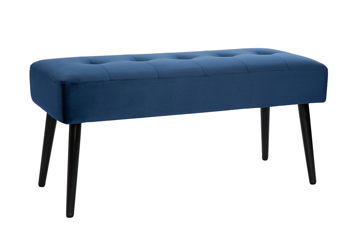 Banc design capitonn� en tissu velours bleu nuit et m�tal noir L96 cm GUESTA