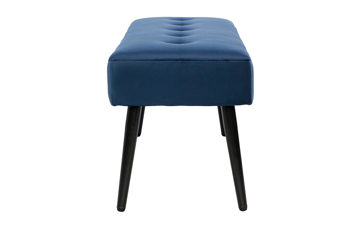 Banc design capitonn� en tissu velours bleu nuit et m�tal noir L96 cm GUESTA