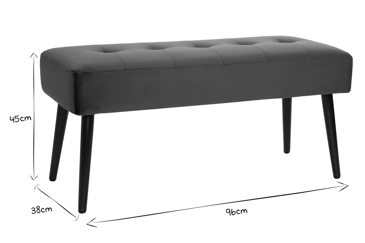Banc design capitonn� en tissu velours bleu nuit et m�tal noir L96 cm GUESTA