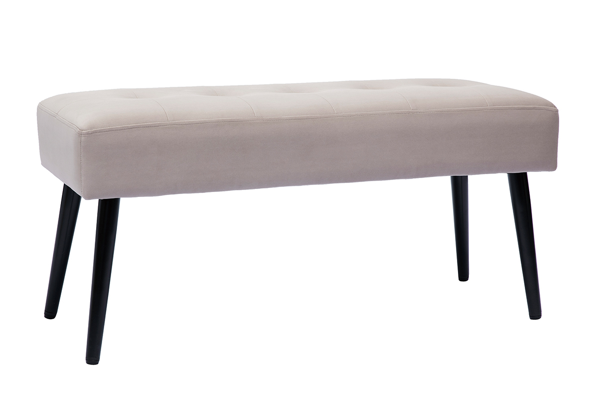 Banc design capitonn� en tissu velours taupe et m�tal noir L96 cm GUESTA
