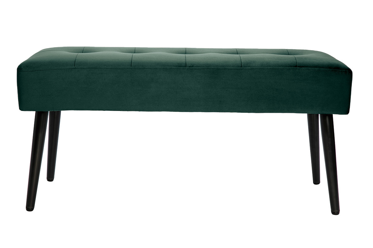 Banc capitonn� en tissu velours vert fonc� avec pieds en m�tal noir, vue de face.