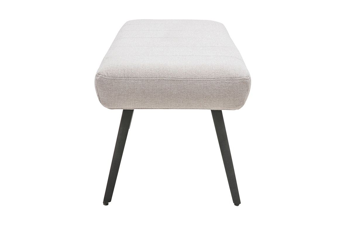 Banc en tissu effet velours textur� beige avec pieds en m�tal noir, vue de profil.