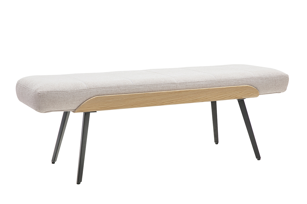 Banc en tissu beige effet velours sur pieds en m�tal noir et bois clair, vue de 3/4