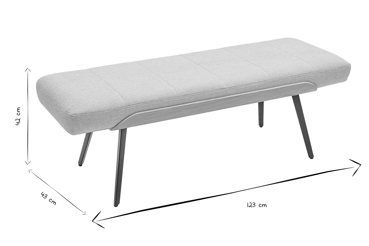 Banc en tissu beige avec dimensions : L123 cm, H42 cm, P43 cm en noir et blanc.