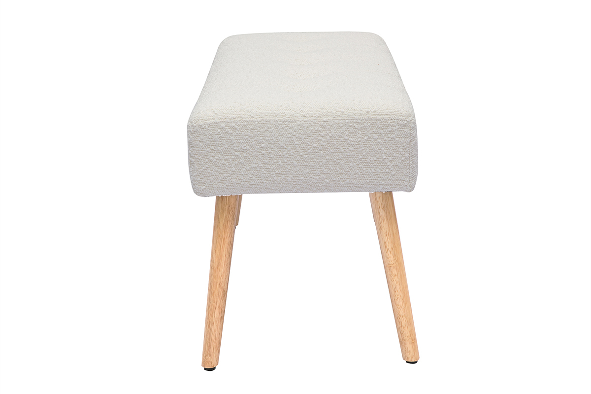 Banc scandinave capitonn� en tissu effet laine boucl�e blanc et bois clair L96 cm GUESTA