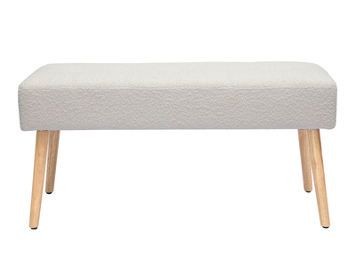 Banc scandinave capitonn&eacute; en tissu effet laine boucl&eacute;e blanc et bois clair L96 cm GUESTA