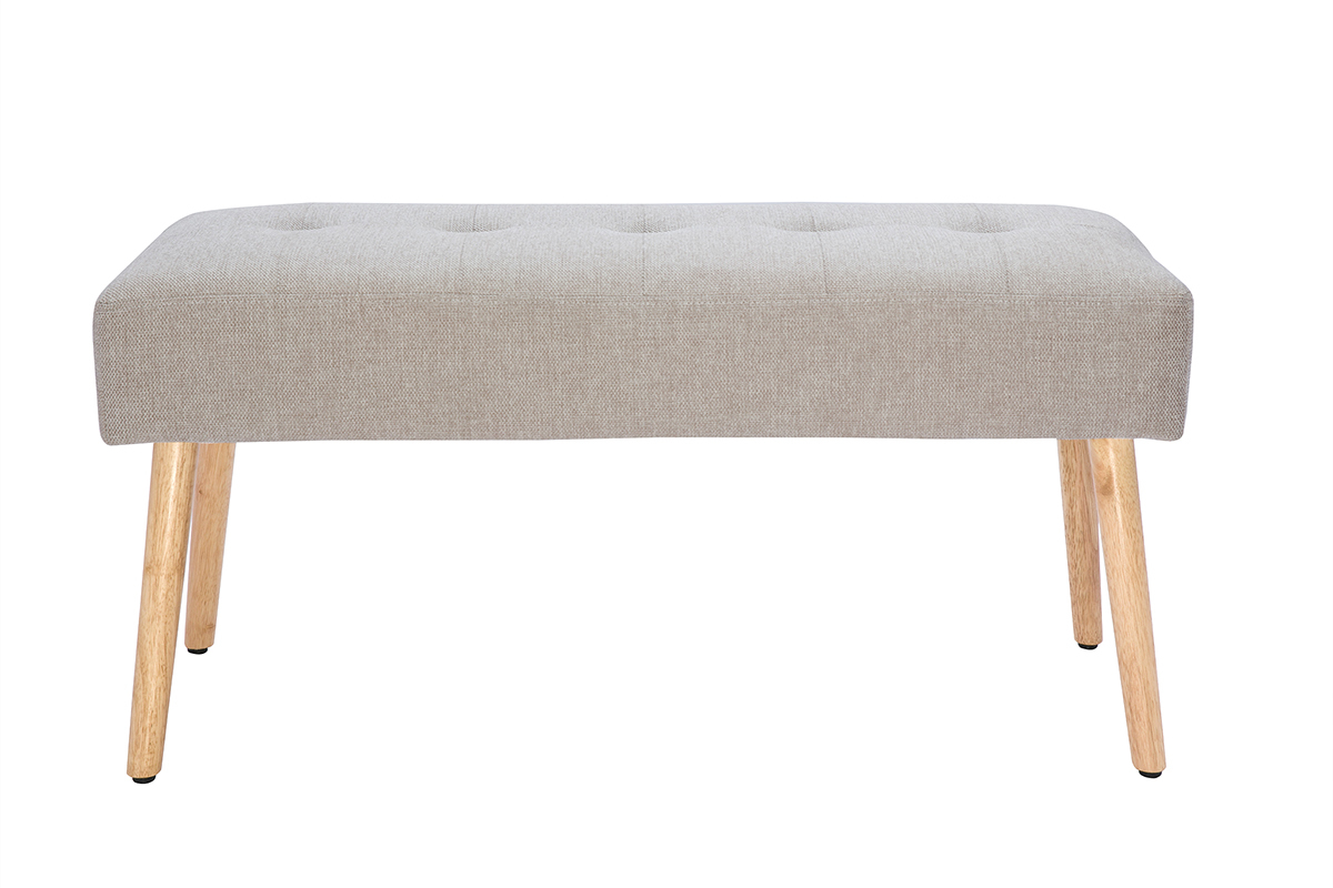Banc scandinave capitonn� en tissu effet velours textur� beige et bois clair L96 cm GUESTA
