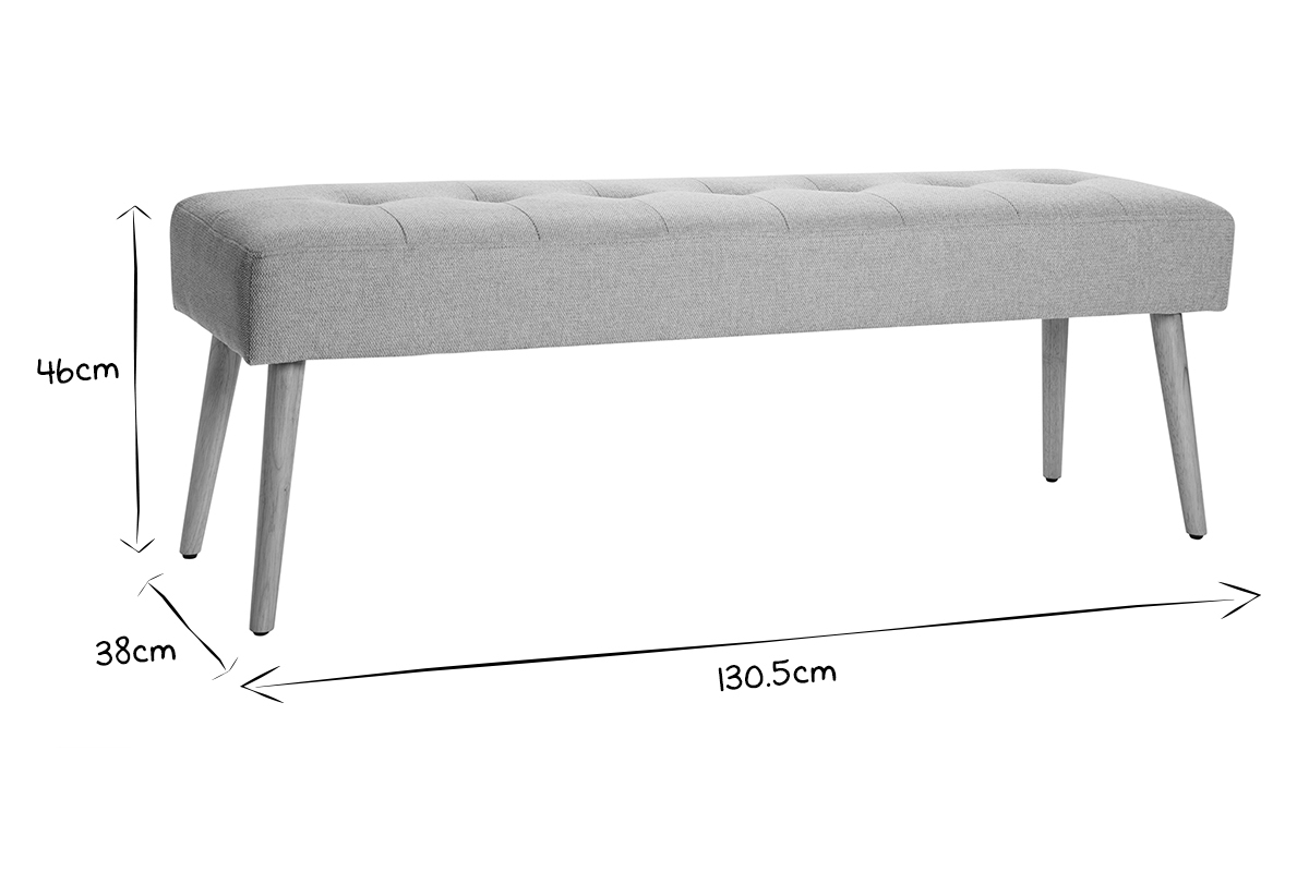 Banc scandinave capitonn� en tissu effet velours textur� gris clair et bois clair L130 cm GUESTA