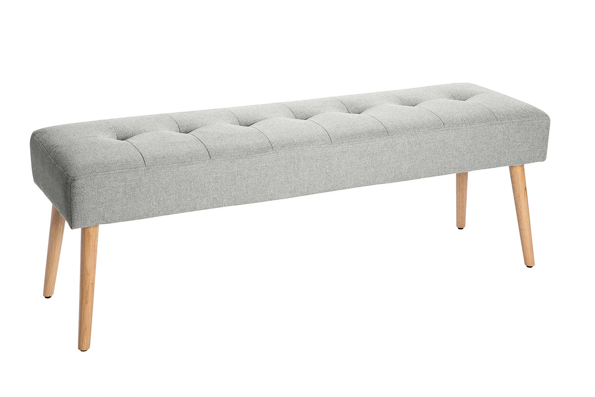 Banc scandinave capitonn� en tissu effet velours textur� gris clair et bois clair L130 cm GUESTA