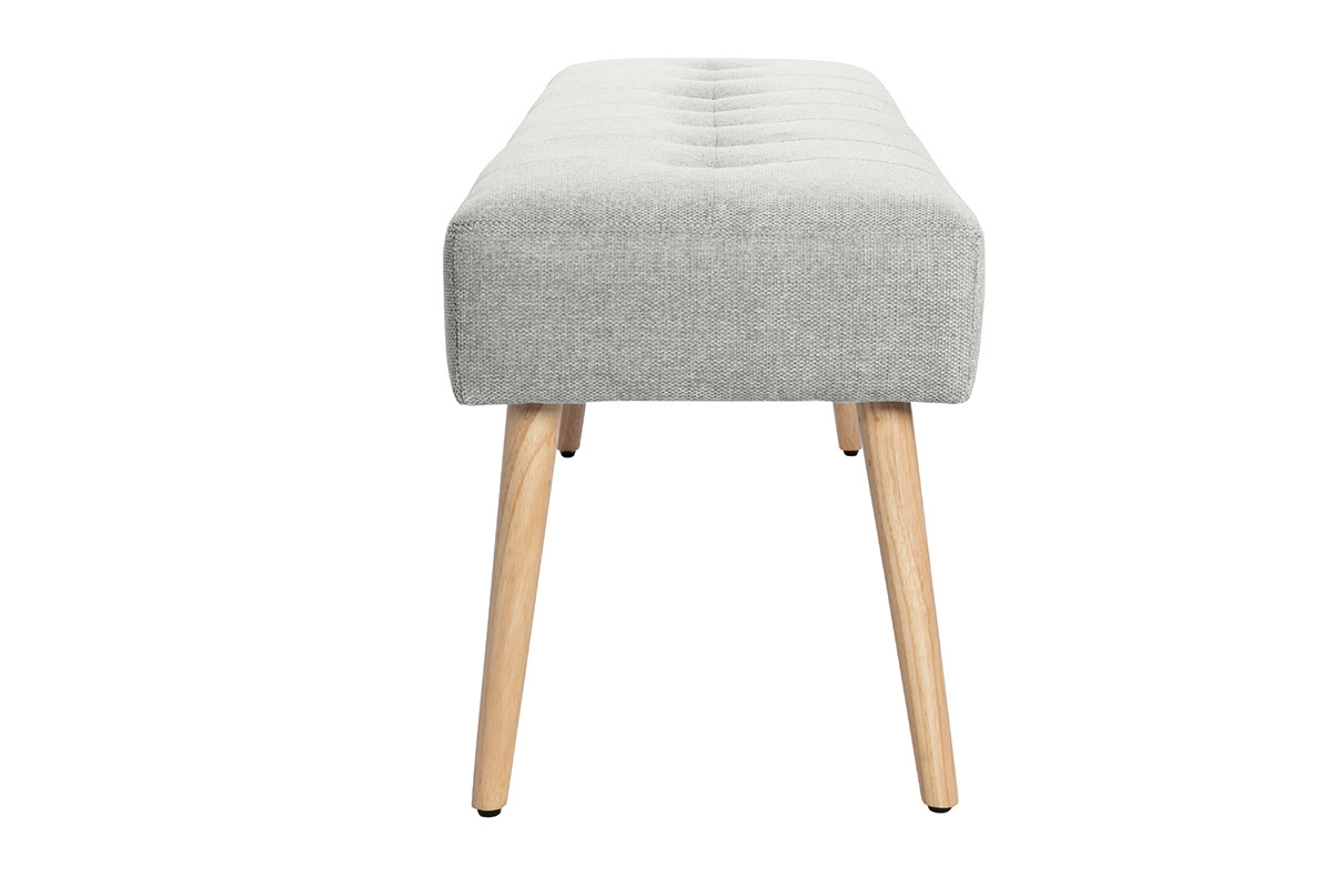 Banc scandinave capitonn� en tissu effet velours textur� gris clair et bois clair L130 cm GUESTA