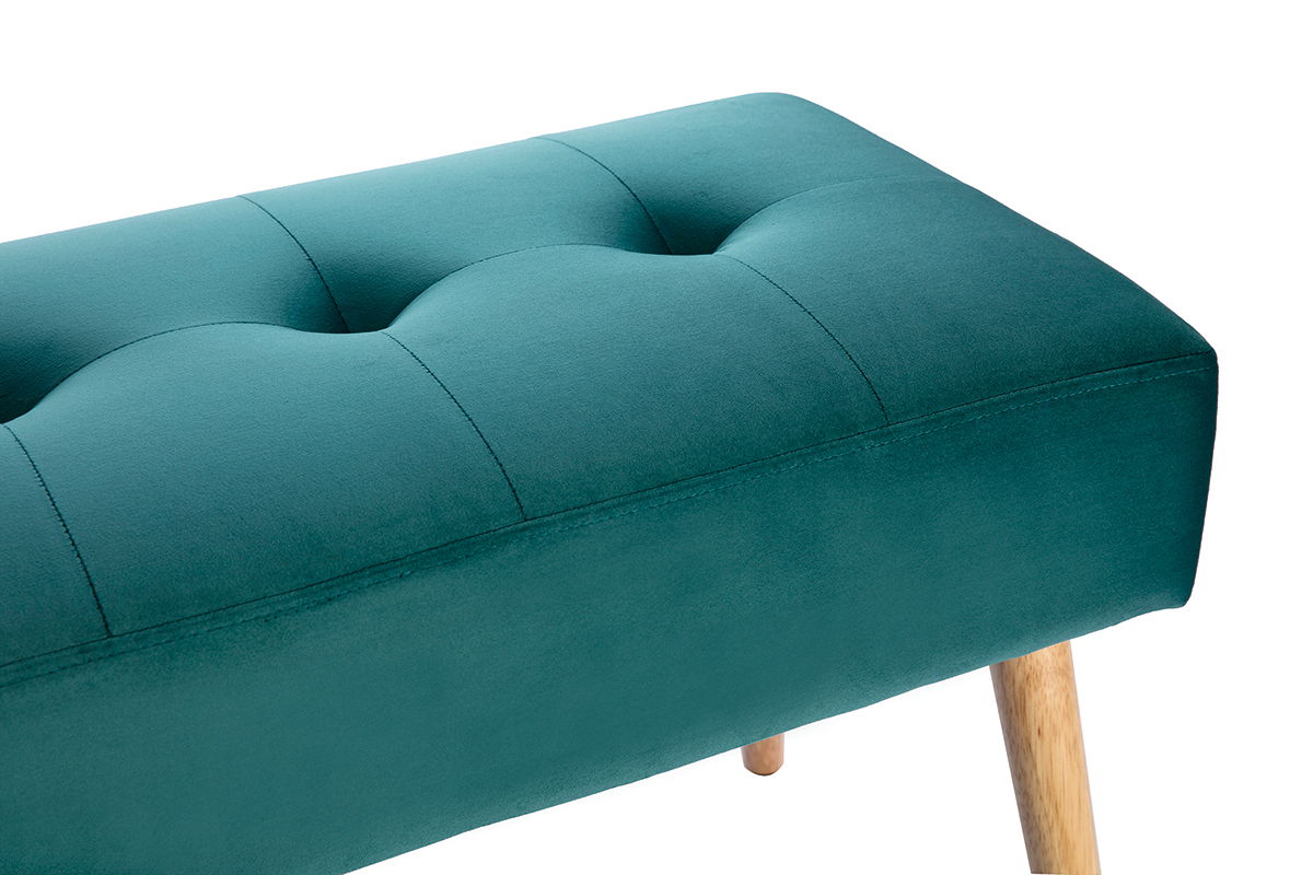 Banc scandinave capitonn� en tissu velours bleu p�trole et bois clair L96 cm GUESTA