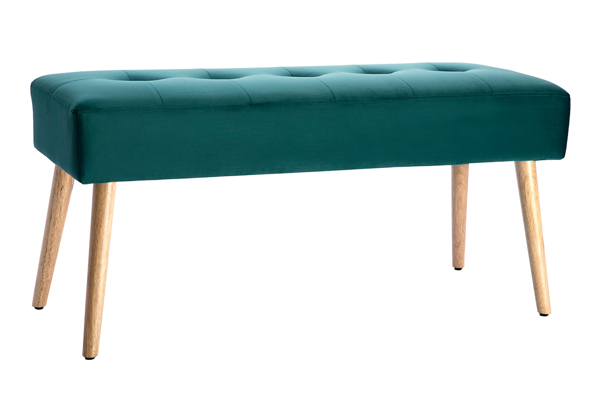 Banc scandinave capitonn� en tissu velours bleu p�trole et bois clair L96 cm GUESTA