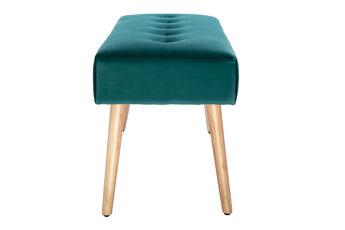 Banc scandinave capitonn� en tissu velours bleu p�trole et bois clair L96 cm GUESTA