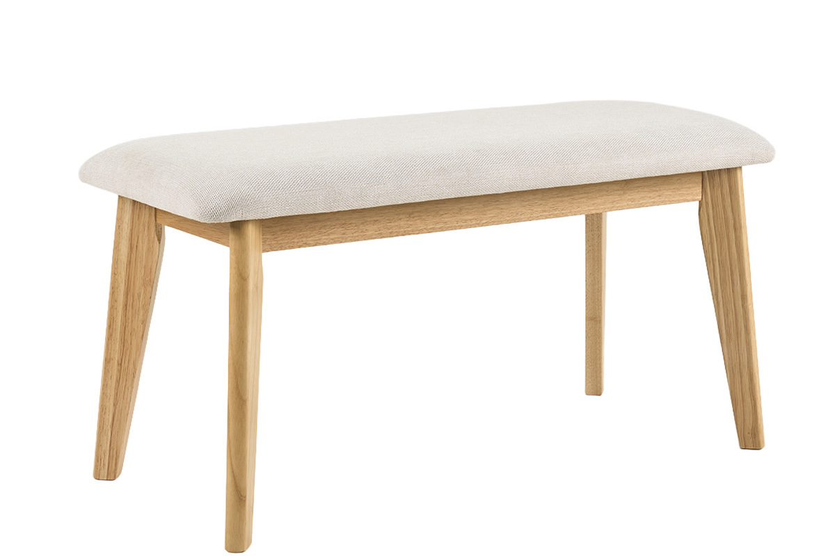 Banc scandinave en tissu beige et bois clair, vue 3/4.