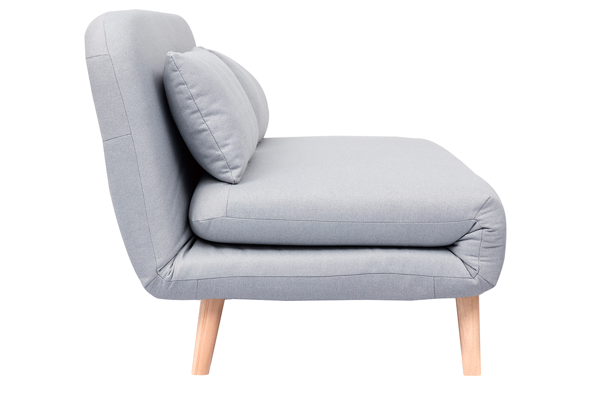 Banquette convertible 2 places en tissu gris clair, vue de profil, avec coussins et pieds en bois clair.