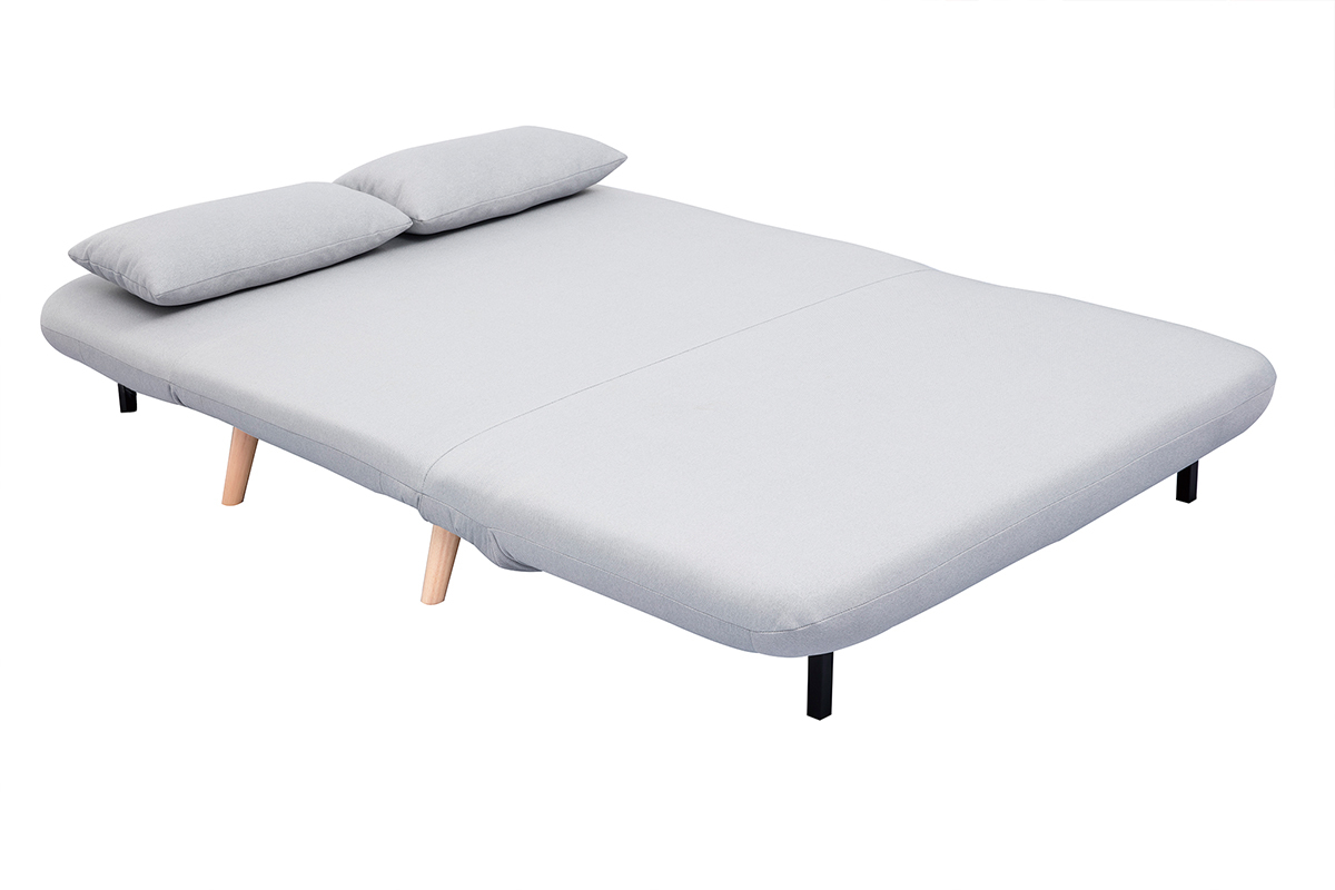 Banquette convertible 2 places en tissu gris clair vue de dessus avec coussins