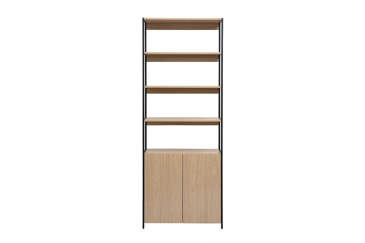 Biblioth�que MAXENCE finition bois clair et m�tal noir avec �tag�res ouvertes et rangement ferm�.