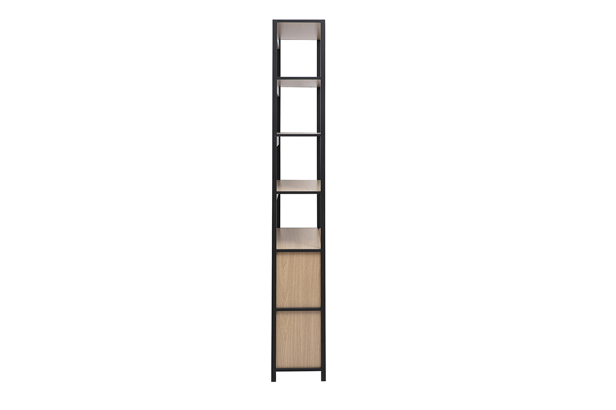 Biblioth�que MAXENCE vue de face, bois clair et m�tal noir, �tag�res et rangement ferm�.