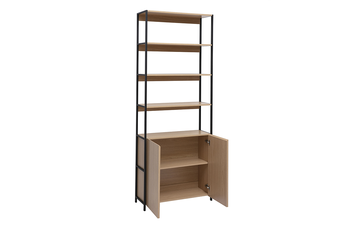 Biblioth�que MAXENCE en bois clair et m�tal noir, portes ouvertes, vue de 3/4.