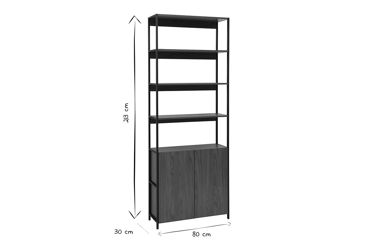Dimensions de la biblioth�que MAXENCE en noir et blanc, L80 x P30 x H213 cm.