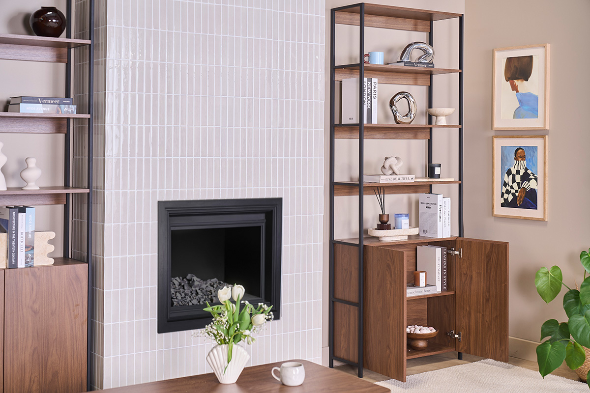 Biblioth�que avec rangements finition bois fonc� noyer et m�tal noir L80 cm MAXENCE