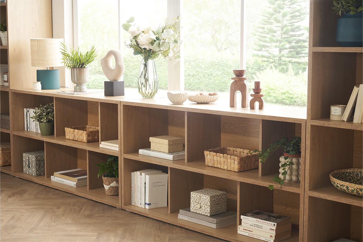 Biblioth�que basse finition bois blanc L140 cm EPURE