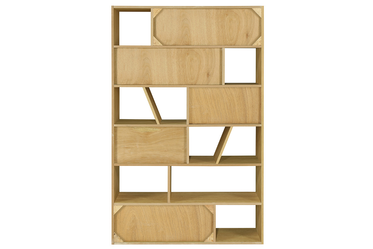 Biblioth�que design en bois clair AZTEQUE, rangements asym�triques, vue de dos.