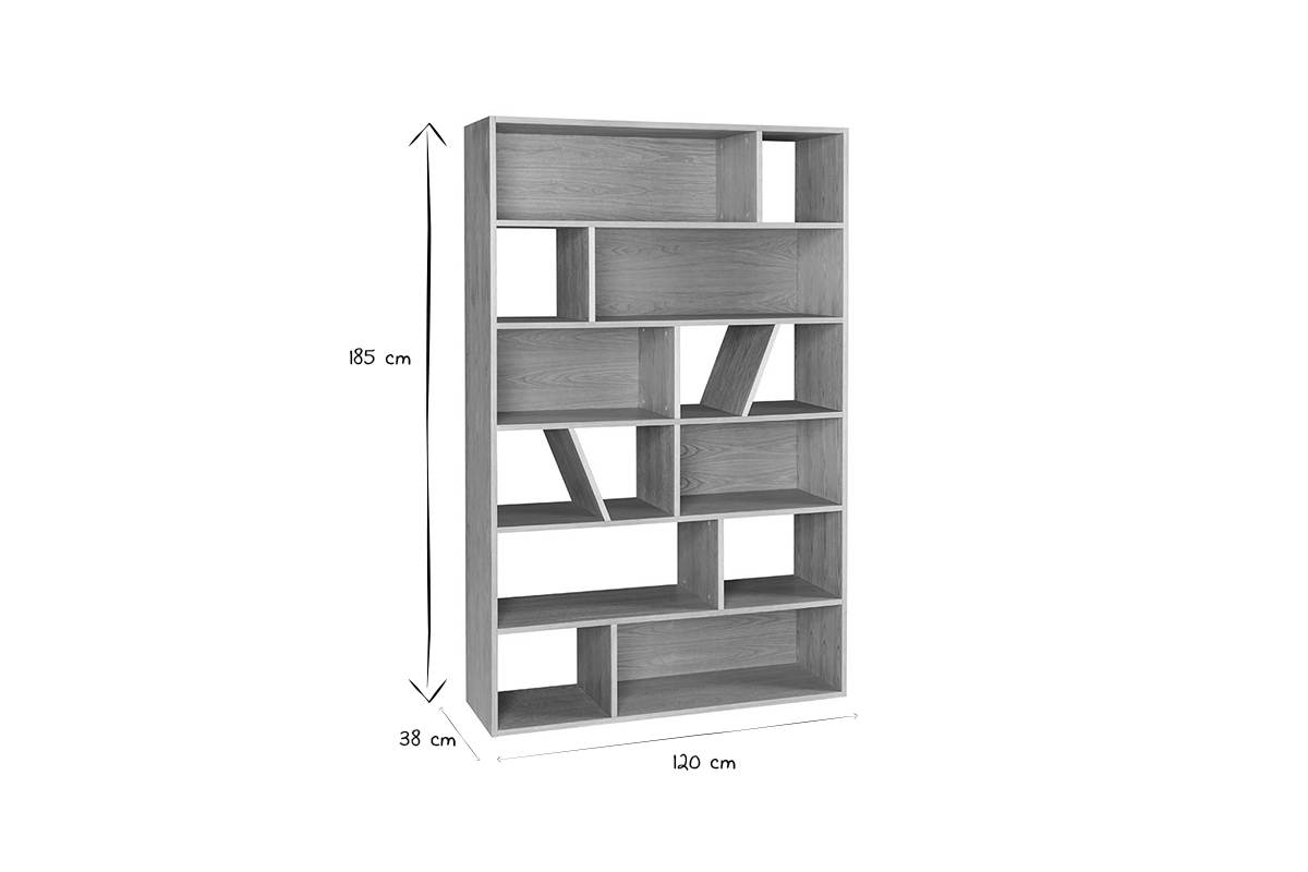 Dimensions de la biblioth�que design AZTEQUE en bois L120 x P38 x H185 cm, vue en noir et blanc.