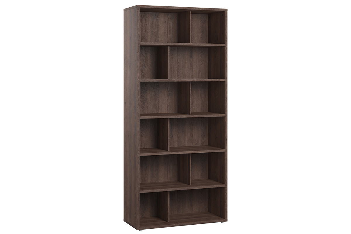 Biblioth�que haute en bois fonc� avec 12 casiers de tailles diff�rentes, vue de trois quarts.