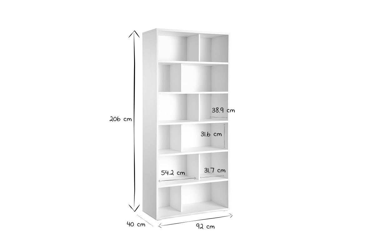 Dimensions de la biblioth�que EPURE en noir et blanc : hauteur 206 cm, largeur 92 cm, profondeur 40 cm.