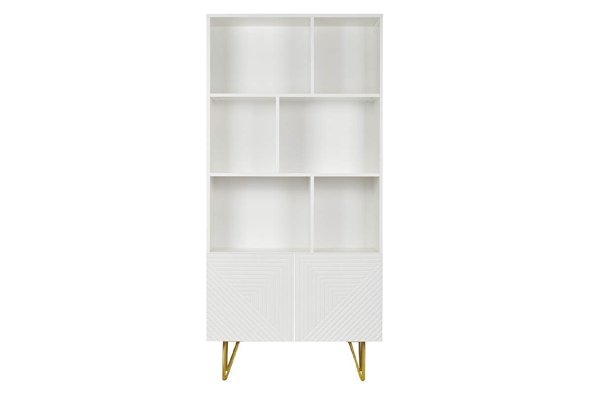 Biblioth�que design grav�e blanc mat et m�tal dor� 2 portes L86 cm OZEN