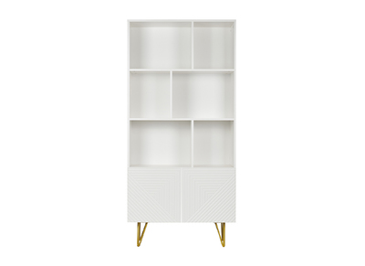 Biblioth&egrave;que design grav&eacute;e blanc mat et m&eacute;tal dor&eacute; 2 portes L86 cm OZEN