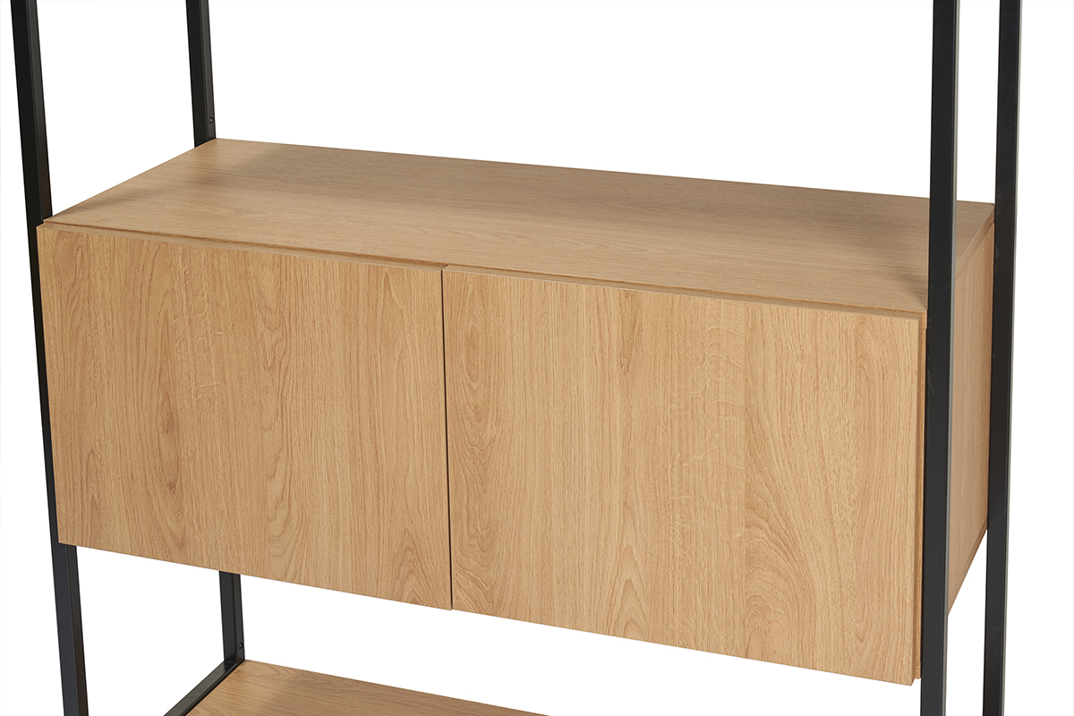 Biblioth�que �tag�re avec rangement ferm� finition bois clair ch�ne et m�tal noir L94 cm FLEA